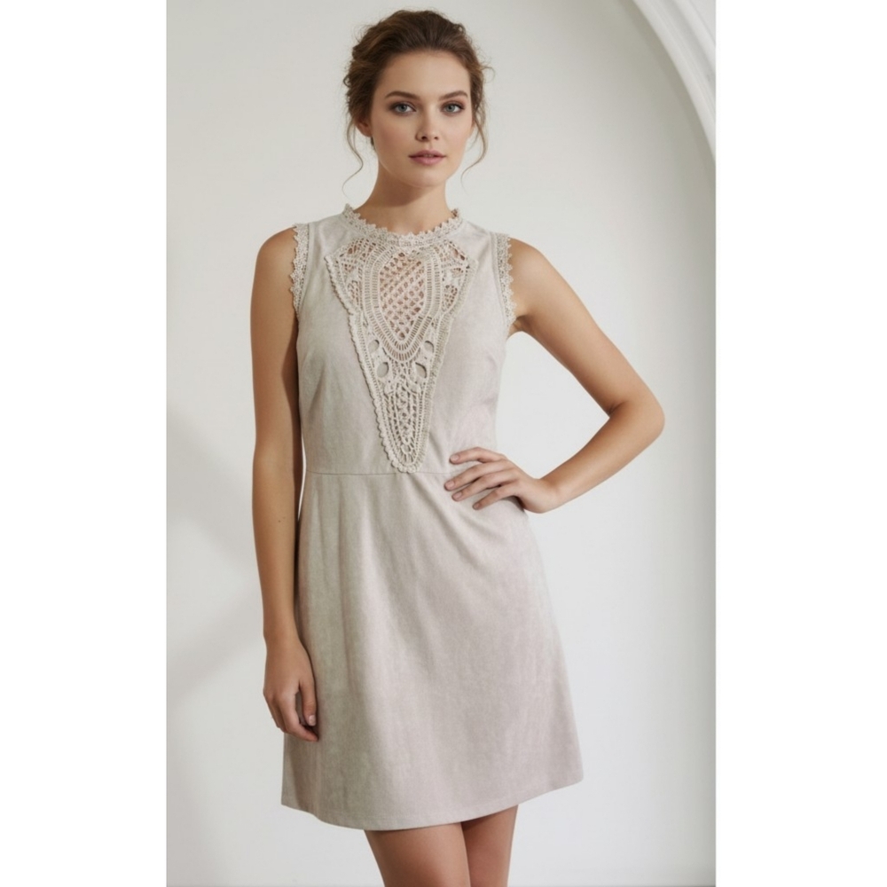 Francesca's Suede Crochet Sleeveless Dress Tan Size L
